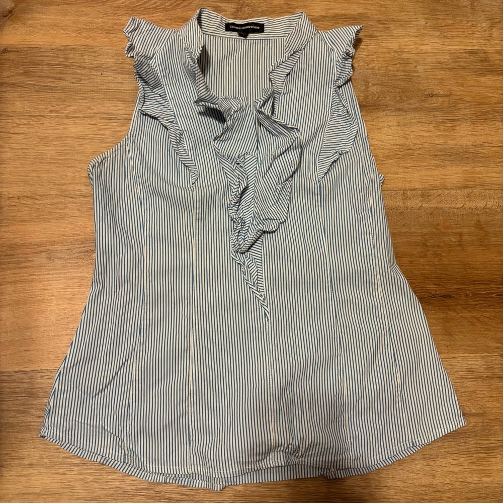 Express Blue and White Ruffle Blouse Size Medium